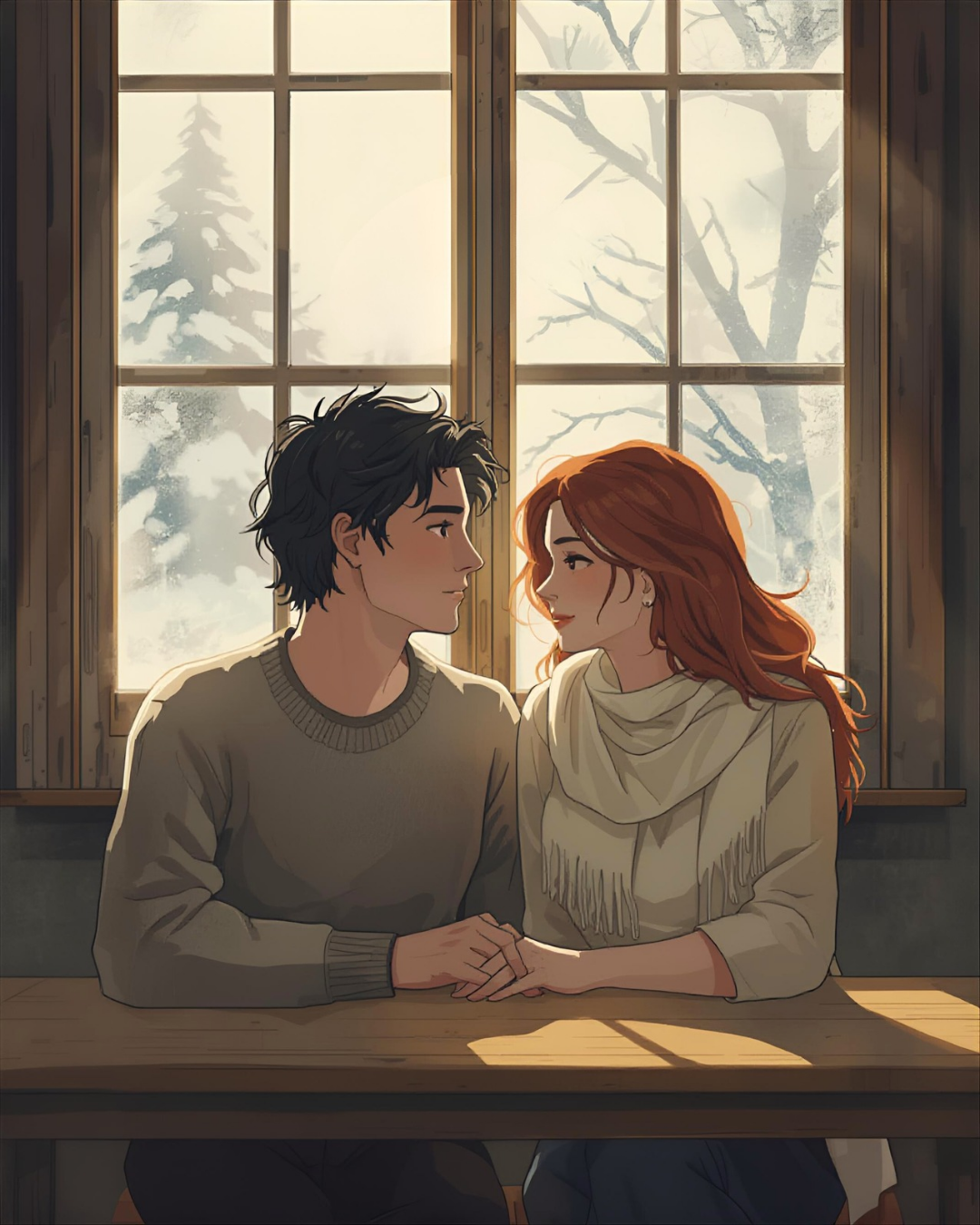 An illustrated couple sitting together at a table in soft winter light, sharing a quiet, connected moment indoors.