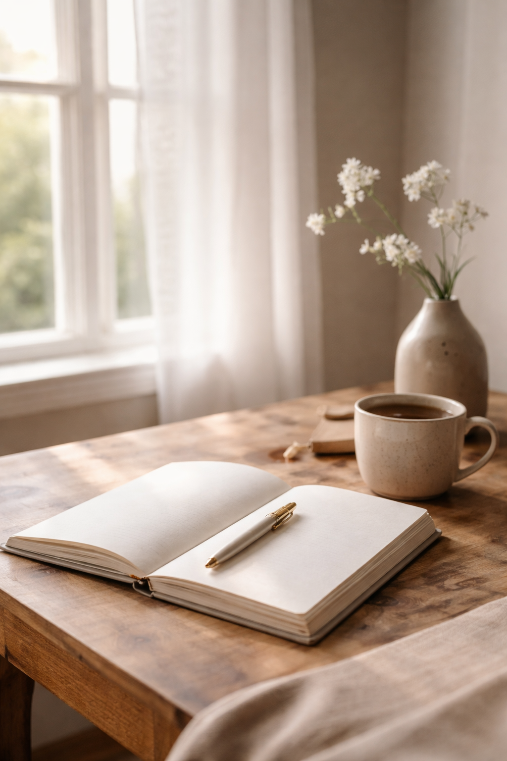Open notebook and pen on a wooden table beside a window, lit by soft natural light, creating a calm and reflective workspace.