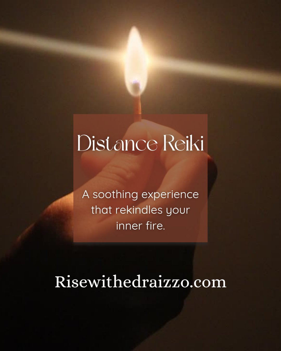 Hand holding a lit candle with 'Distance Reiki' text overlay on a dark background