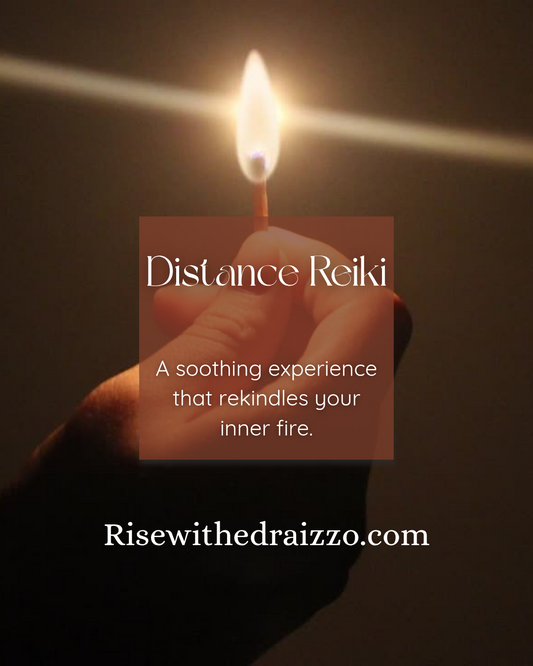 Hand holding a lit candle with 'Distance Reiki' text overlay on a dark background