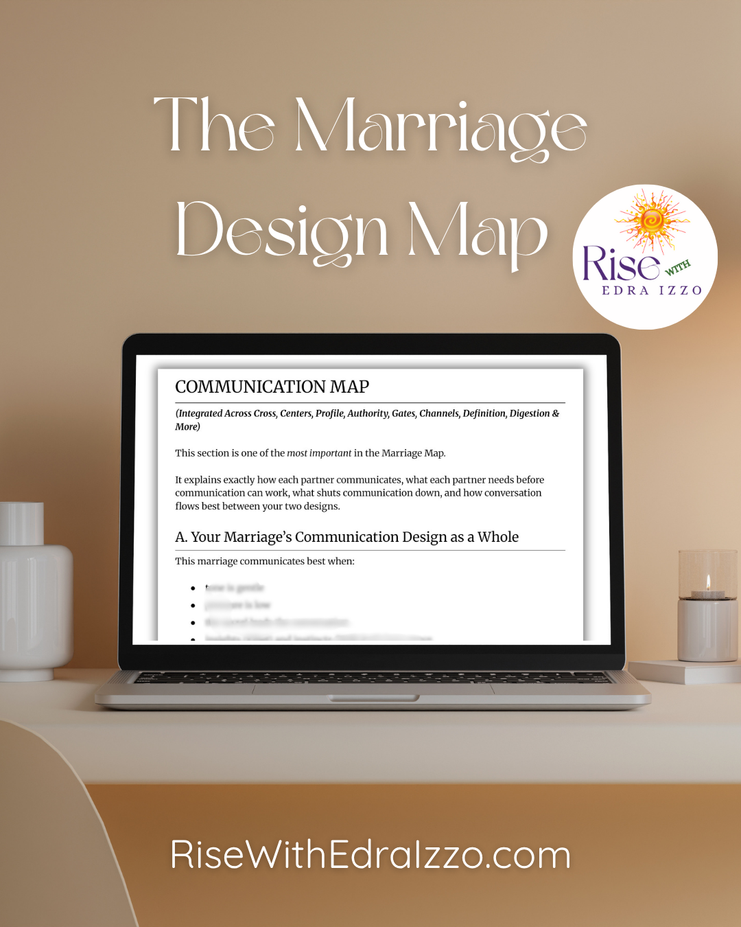 Laptop displaying 'The Marriage Design Map' on a desk with 'Rise With Edra Izzo' branding.