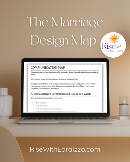 Laptop displaying 'The Marriage Design Map' on a desk with 'Rise With Edra Izzo' branding.