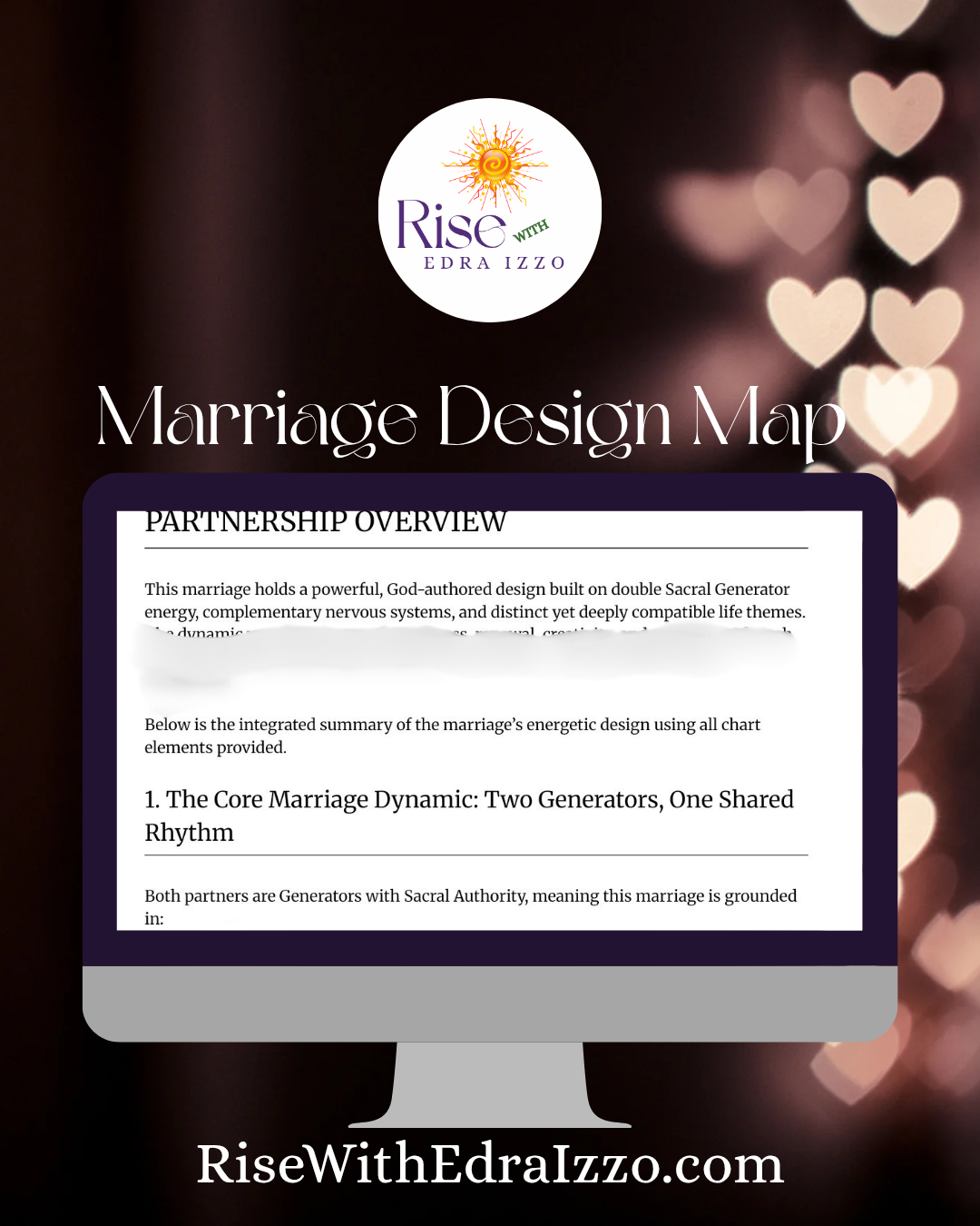 Computer monitor displaying 'Marriage Design Map' with 'Rise With Edra Izzo' branding.
