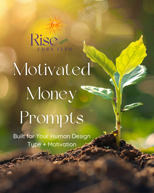 Product cover of 'Motivated Money Prompts' by Edra Izzo with a plant growing in soil and a blurred natural background.