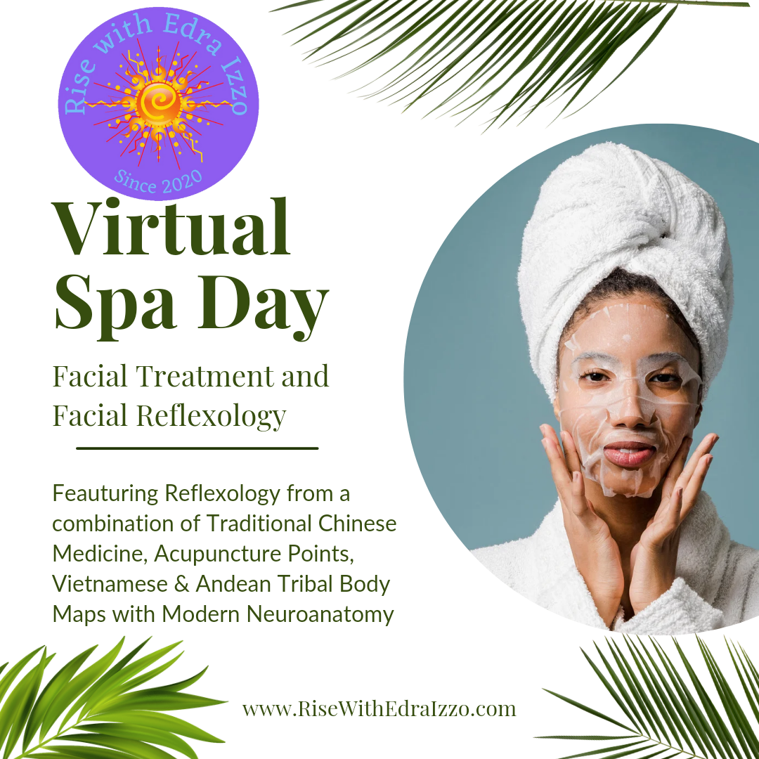 Promotional image for a Virtual Spa Day featuring a woman with a towel wrapped around her head, applying a facial treatment, with text highlighting the service and Edra's expertise in fracanet.
