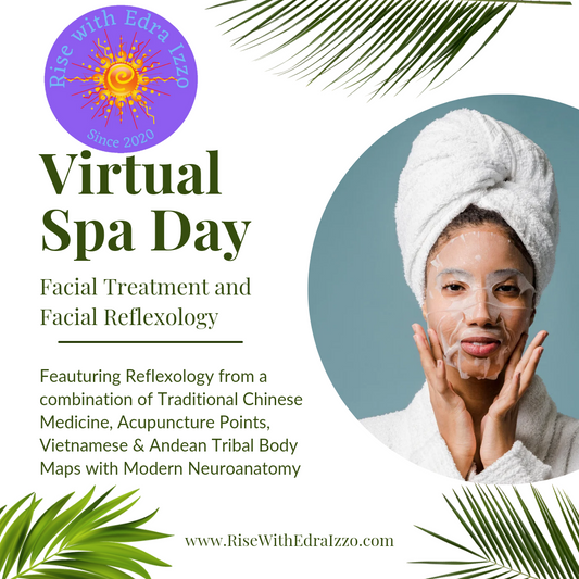 Promotional image for a Virtual Spa Day featuring a woman with a towel wrapped around her head, applying a facial treatment, with text highlighting the service and Edra's expertise in fracanet.